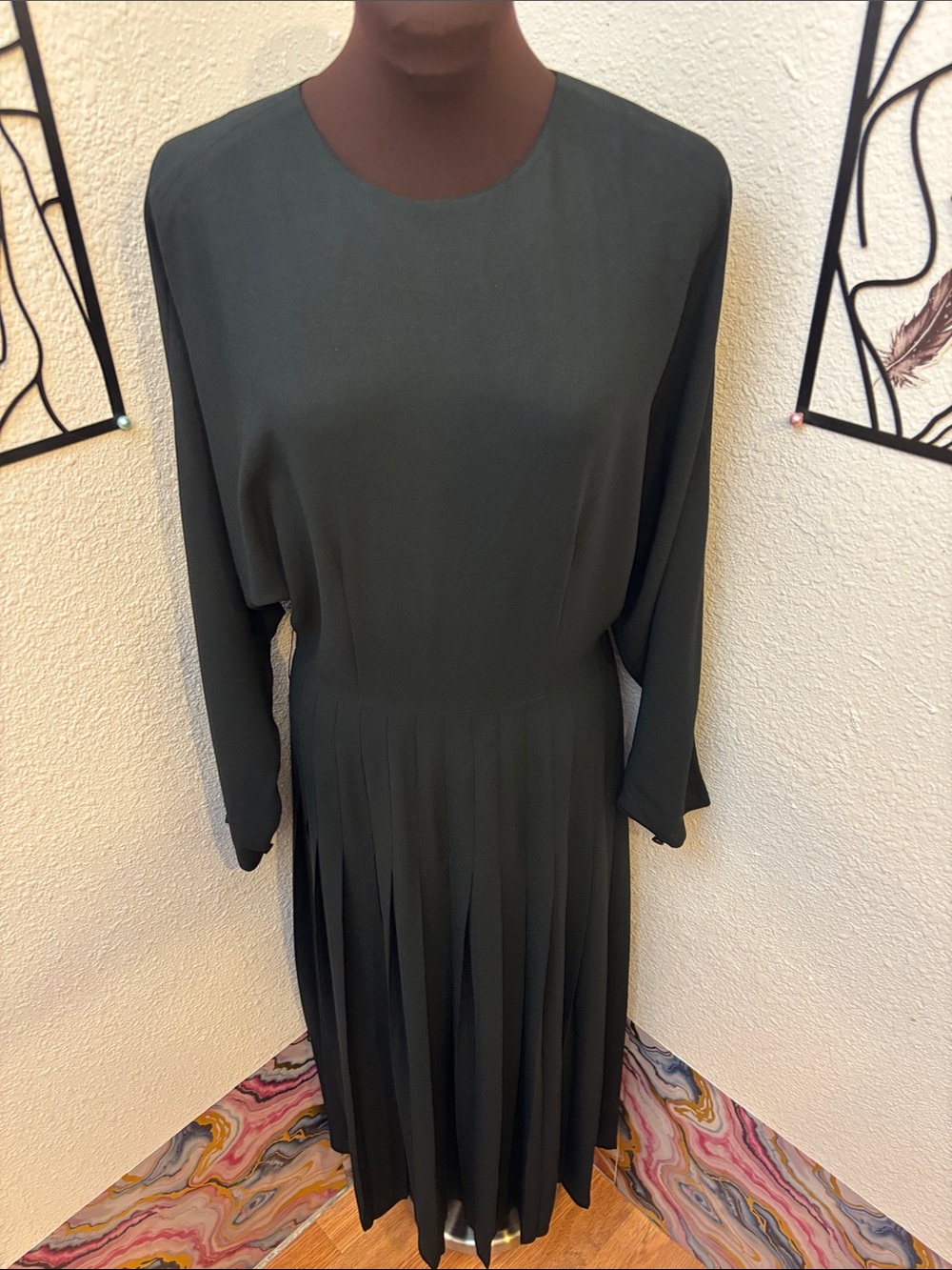Vintage 1980’s Ann Tjian for Kenard 2 Long Sleeve Pleated Black Dress. Size 12